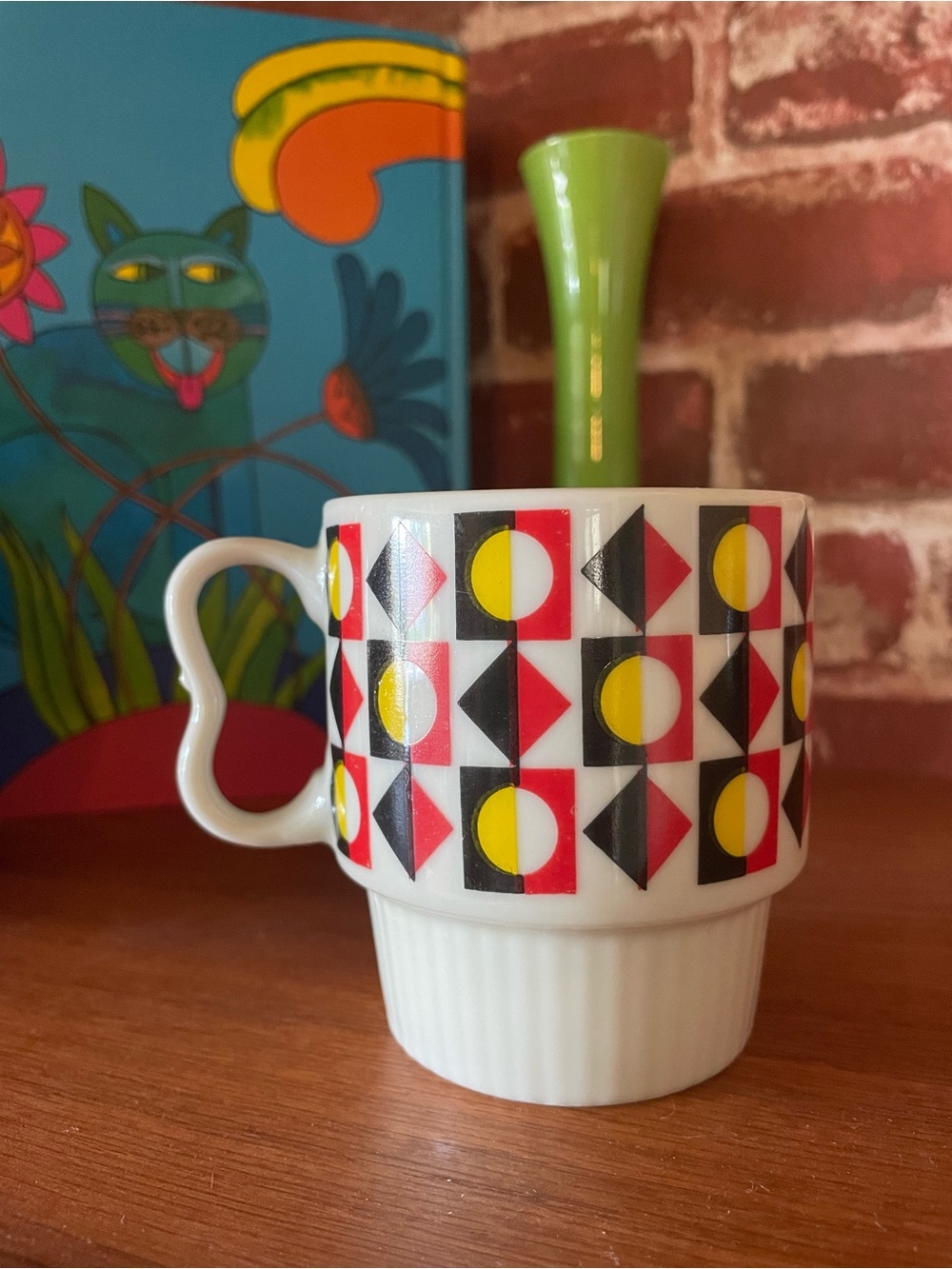 Vintage White Ceramic Geometric Pattern Coffee Mug - Red, Yellow, Black